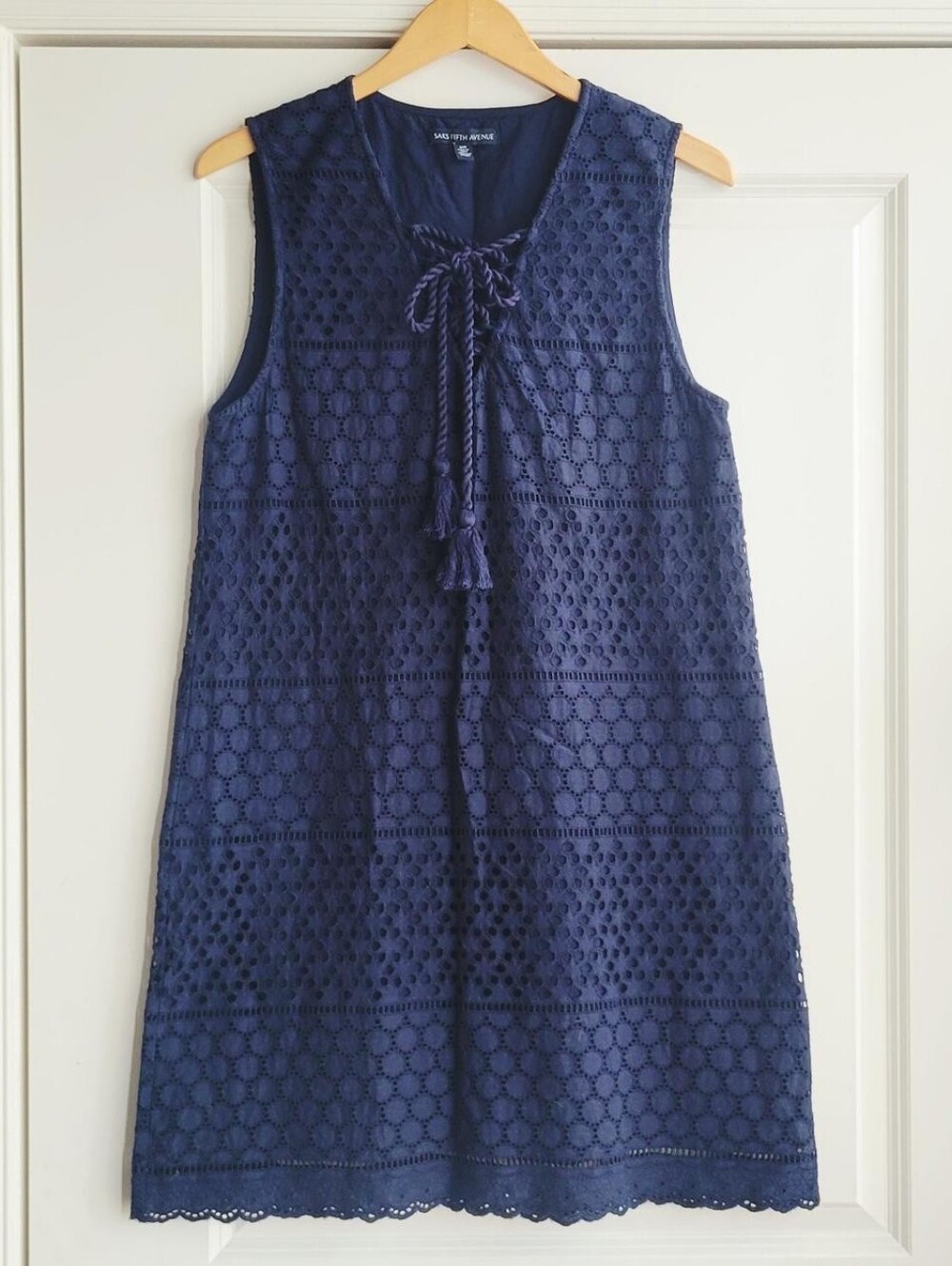 Saks Fifth Avenue navy blue eyelet midi dress